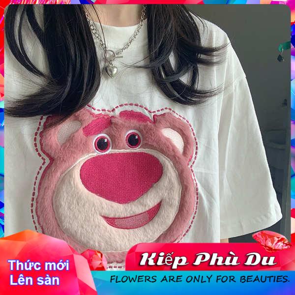 Áo Thun Cotton Ngắn Tay Dáng Rộng In Hình Gấu Và Dâu Tây Đáng Yêu Cho Nữ