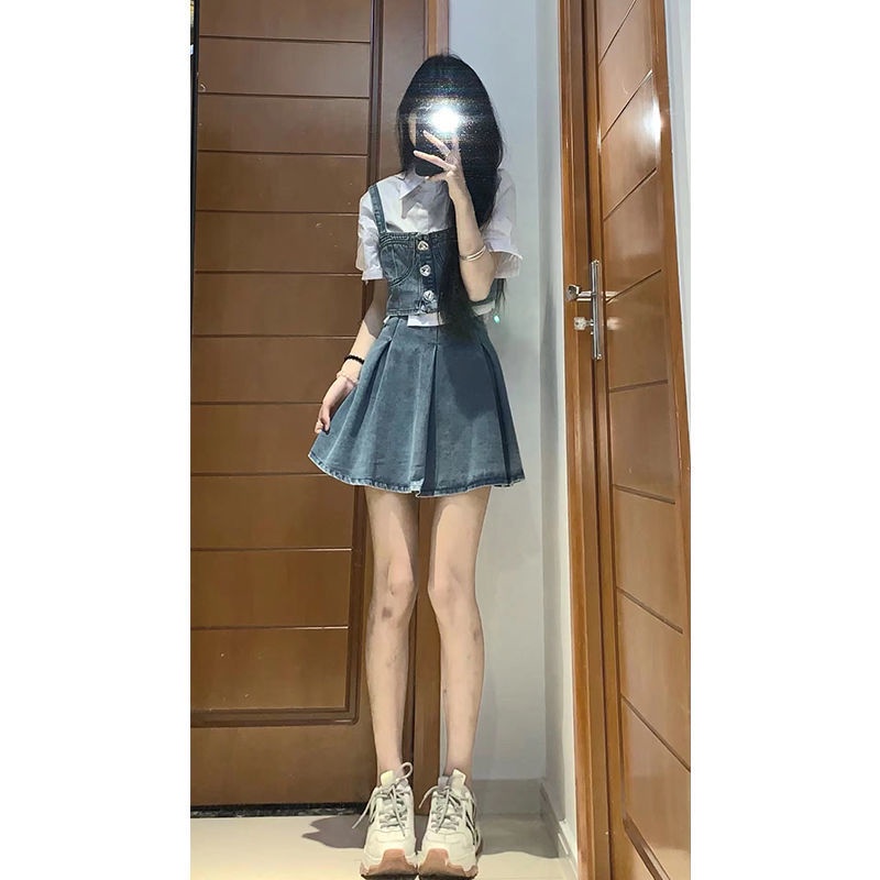 Set Áo Sơ Mi Trắng Tay Phồng + Áo Yếm Denim + Chân Váy Thiết Kế Nhỏ Nhắn Thời Trang Mùa Hè Phong Cách Mới Cho Nữ