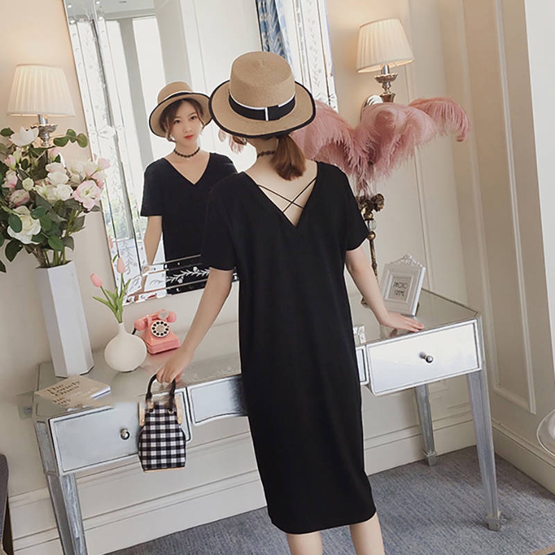 Đầm Thun Dài Qua Gối Cổ Chữ V Hở Lưng Thời Trang Xuân Hè Dành Cho Nữ