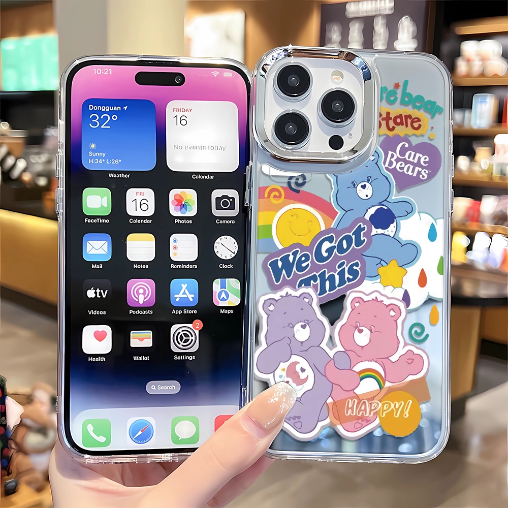 Ốp Điện Thoại Tpu Viền Kim Loại Tráng Gương In Hình Gấu Cầu Vồng Cho iphone 14 pro max 11 12 13 8 7 Plus X XR XSMax