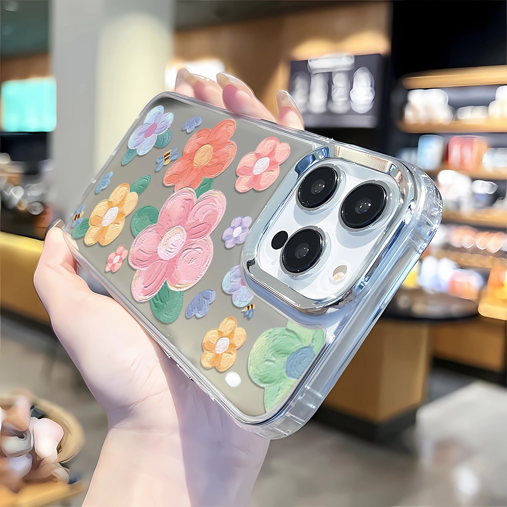 Ốp Điện Thoại Tráng Gương Viền Kim Loại Họa Tiết Hoa Cho iphone 14 pro max 11 12 13 8 7 Plus X XR XSMax