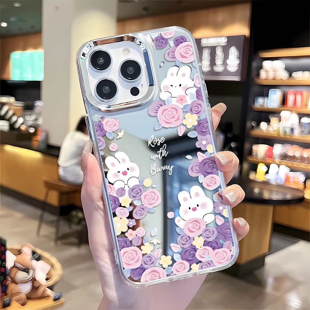 Ốp Điện Thoại Tráng Gương Viền Kim Loại Họa Tiết Thỏ Và Hoa Cho iphone 14 pro max 11 12 13 8 7 Plus X XR XSMax