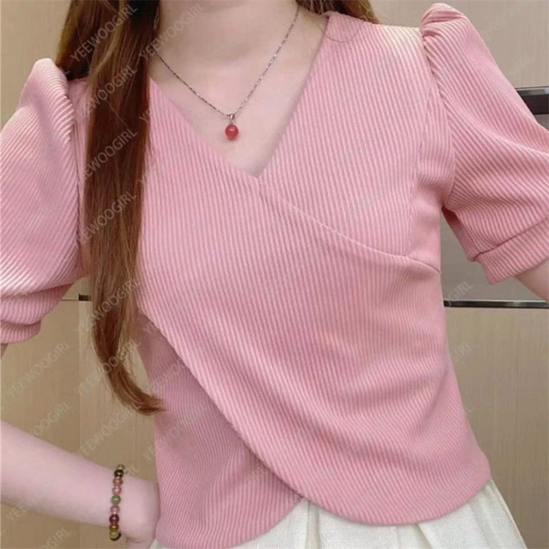 Áo Thun Tay Ngắn Cổ Chữ V Thiết Kế Chéo Thời Trang Mùa Hè Mới