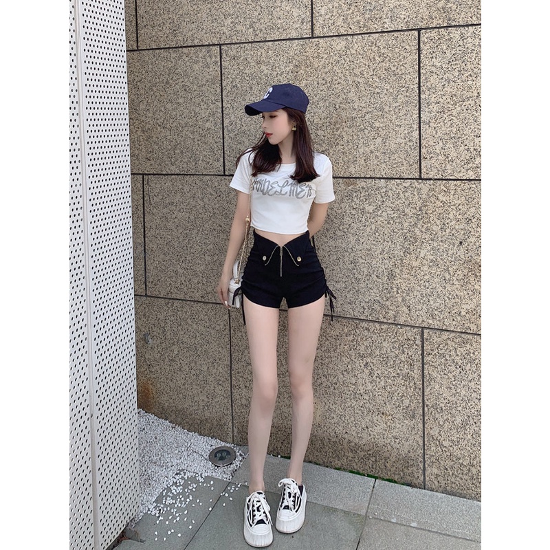 [Hàng Có Sẵn Giao Hàng Nhanh] Quần Short Lưng Cao Dáng Chữ a Dây Rút Siêu Ngắn Thời Trang Mùa Hè Cho Nữ
