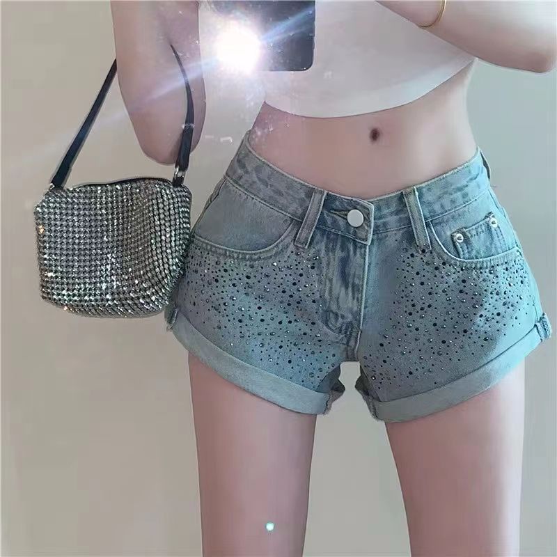 [Hàng Có Sẵn Giao Hàng Nhanh] Quần Short Jean Ống Rộng Lưng Thấp Đính Đá Phong Cách Mỹ Mùa Hè Mới Cho Nữ Dopamine
