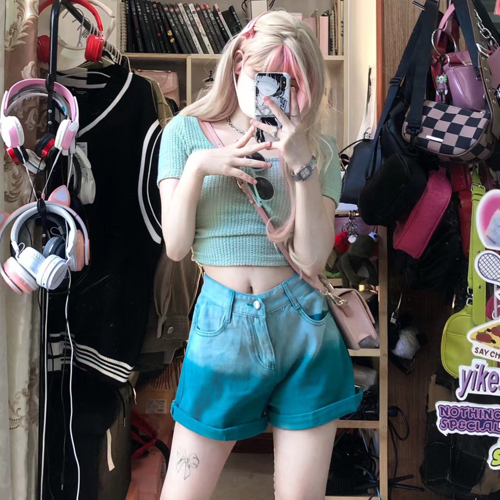 [Hàng Có Sẵn Giao Hàng Nhanh] Quần Short Denim Lưng Cao Dáng Rộng Màu Hồng Gradient Phong Cách Đường Phố Cho Nữ