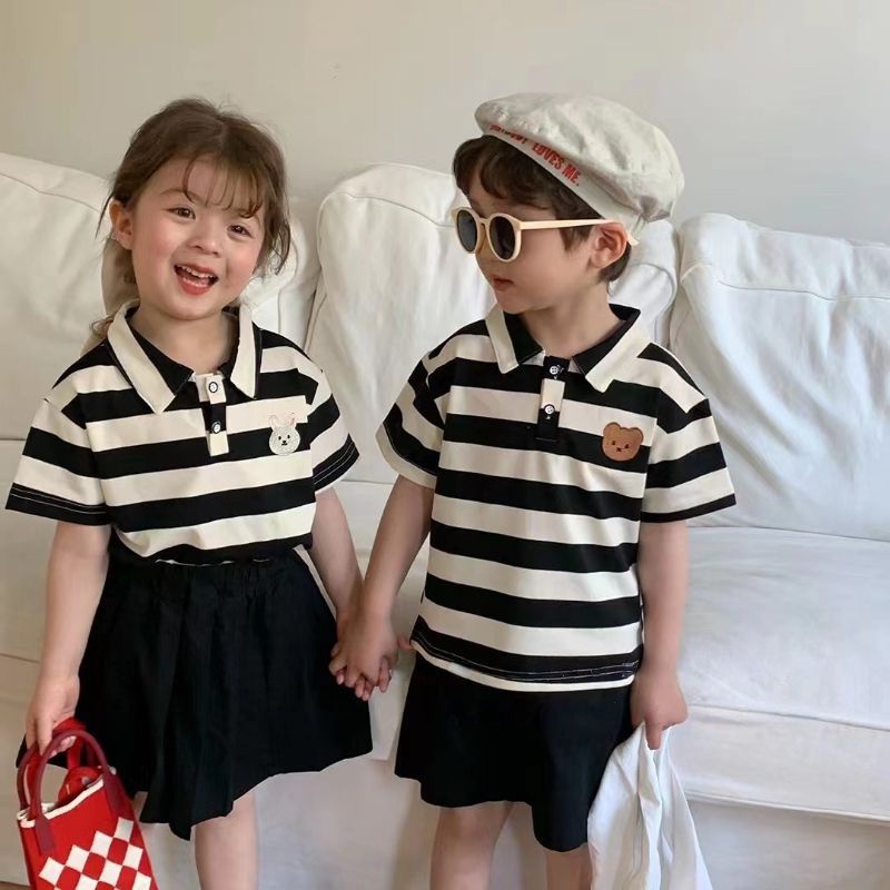 ✨Hàng Có Sẵn! Hộp Đựng Tai Nghe✨ Set Áo Thun POLO + Chân Váy Ngắn Kẻ Sọc Thêu Họa Tiết Thời Trang Mùa Hè Cho Bé Trai Và Gái