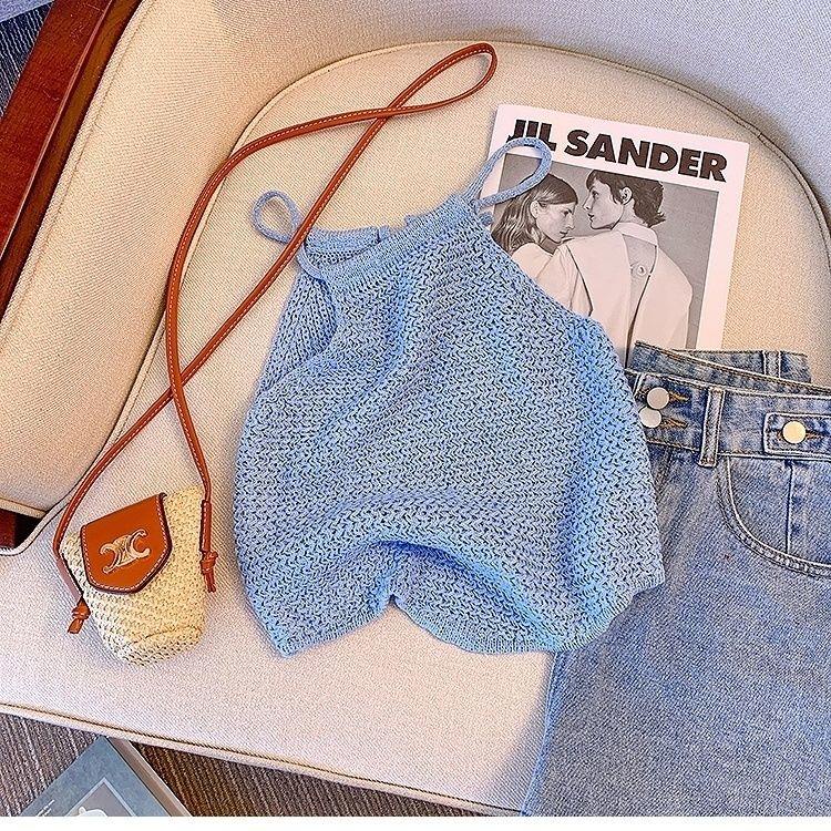 Áo Hai Dây Dệt Kim Hở Vai Màu Trơn Mùa Hè Ngọt Ngào Thời Trang Mới Mùa Hè Cho Nữ