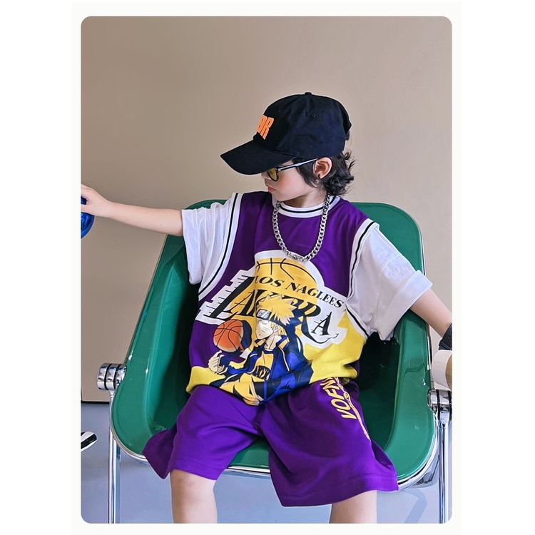 Bộ Đồ Thể Thao Giả Hai Mảnh Dáng Rộng Tay Ngắn Phong Cách Đường Phố Mỹ Cổ Điển Thời Trang Mùa Hè Dành Cho Bé Trai