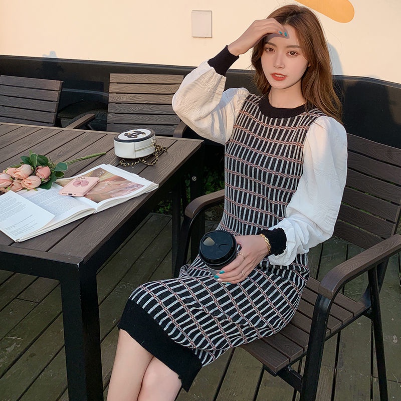 Đầm Dệt Kim Một Mảnh Tay Xốp Dài Vừa Giả Hai Mảnh Ghép Caro Phong Cách Phương Tây Cổ Điển Mùa Xuân Thu Mới