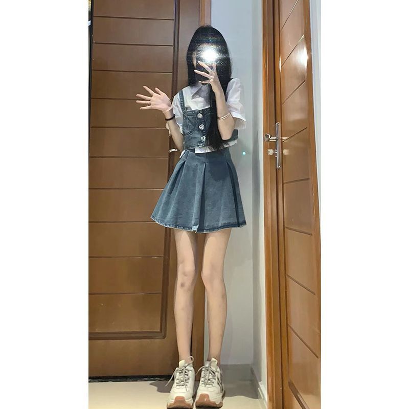 Set Áo Sơ Mi Trắng Tay Phồng + Áo Yếm Denim + Chân Váy Thiết Kế Nhỏ Nhắn Thời Trang Mùa Hè Phong Cách Mới Cho Nữ