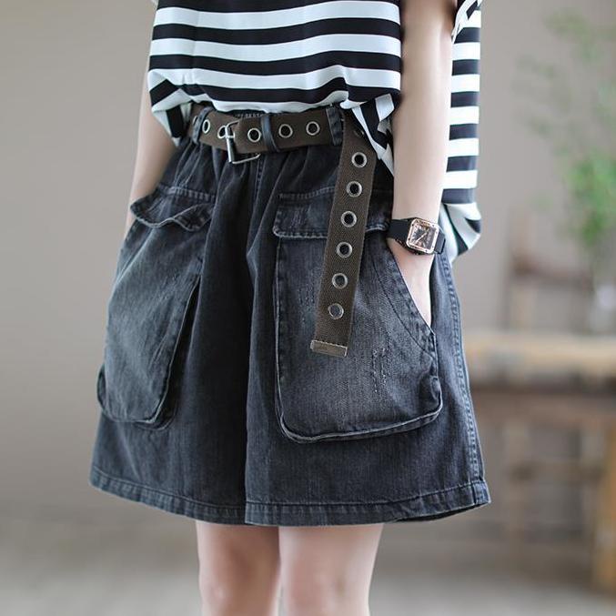 Quần Short Denim Giả Váy Lưng Thun Phối Túi Lớn Thời Trang Mùa Hè Phong Cách Hàn Quốc Cho Nữ