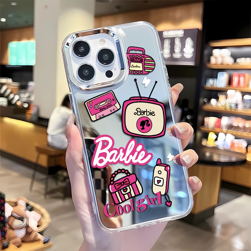 Ốp Điện Thoại Họa Tiết Hoạt Hình Barbie Tráng Gương Viền Kim Loại Cho iphone 14 pro max 11 12 13 8 7 Plus X XR XSMax