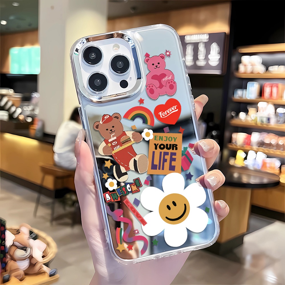 Ốp Điện Thoại Tpu Viền Kim Loại Tráng Gương In Hình Gấu Cầu Vồng Cho iphone 14 pro max 11 12 13 8 7 Plus X XR XSMax