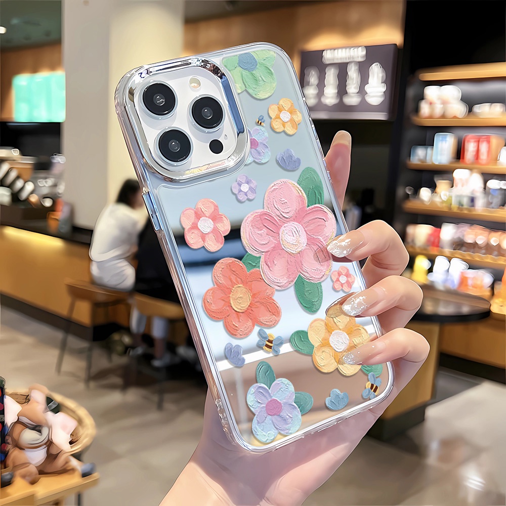 Ốp Điện Thoại Tráng Gương Viền Kim Loại Họa Tiết Hoa Cho iphone 14 pro max 11 12 13 8 7 Plus X XR XSMax