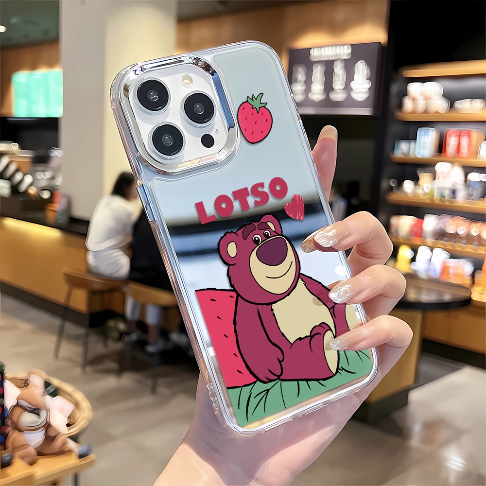 Ốp Điện Thoại Tráng Gương Viền Kim Loại Họa Tiết Gấu / Dâu Tây Cho iphone 14 pro max 11 12 13 8 7 Plus X XR XSMax