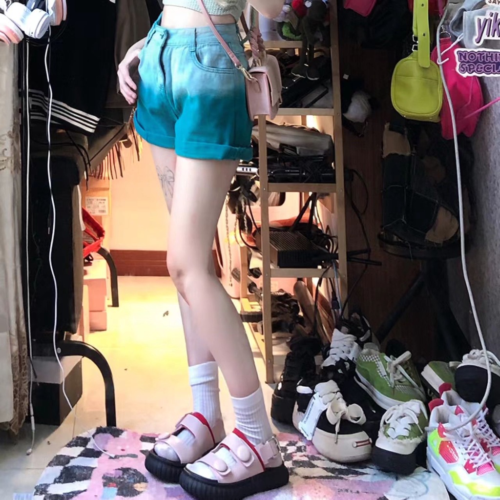 [Hàng Có Sẵn Giao Hàng Nhanh] Quần Short Denim Lưng Cao Dáng Rộng Màu Hồng Gradient Phong Cách Đường Phố Cho Nữ