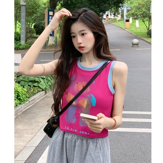 NZN Áo Croptop Sát Nách Cổ Tròn In Họa Tiết Gấu Phong Cách Hàn Quốc Dành Cho Nữ