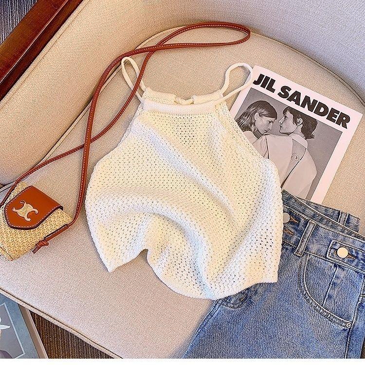 Áo Hai Dây Dệt Kim Hở Vai Màu Trơn Mùa Hè Ngọt Ngào Thời Trang Mới Mùa Hè Cho Nữ