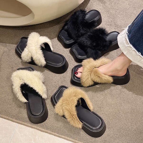 Dép Lông Quai Chéo Đế Dày Phong Cách Hàn Quốc