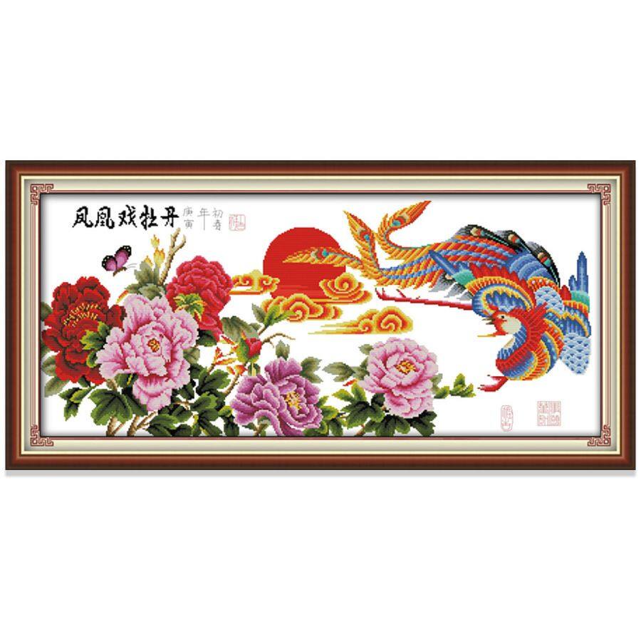 Tranh thêu chữ thập Phượng Hoàng Chim và hoa mẫu đơn Động vật Bộ thêu chữ thập, Vải in Vải không in 14CT 11CT