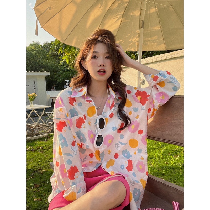 Áo Sơ Mi Dài Tay Chống Nắng Dáng Rộng In Họa Tiết Hoa Thời Trang Xuân Thu Hàng Mới Dành Cho Bạn Nữ