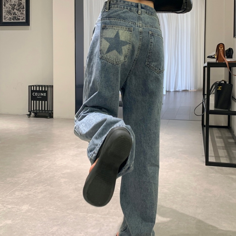 Quần Jean Nữ Ống Rộng Lưng Cao In Hình Ngôi Sao Kiểu Dáng Mới