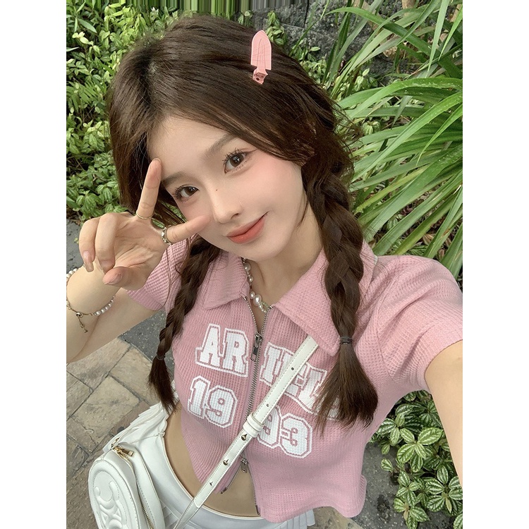 「 WELOVE1 」Áo Thun Crop Top Tay Ngắn Có Khóa Kéo In Chữ Phong Cách Retro Mới Dành Cho Nữ