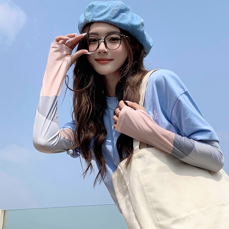 Găng Tay Dài Vải Lụa Lạnh Mỏng Chống Nắng Chống Tia Cực Tím Màu Sắc Tương Phản Phong Cách Hàn Quốc