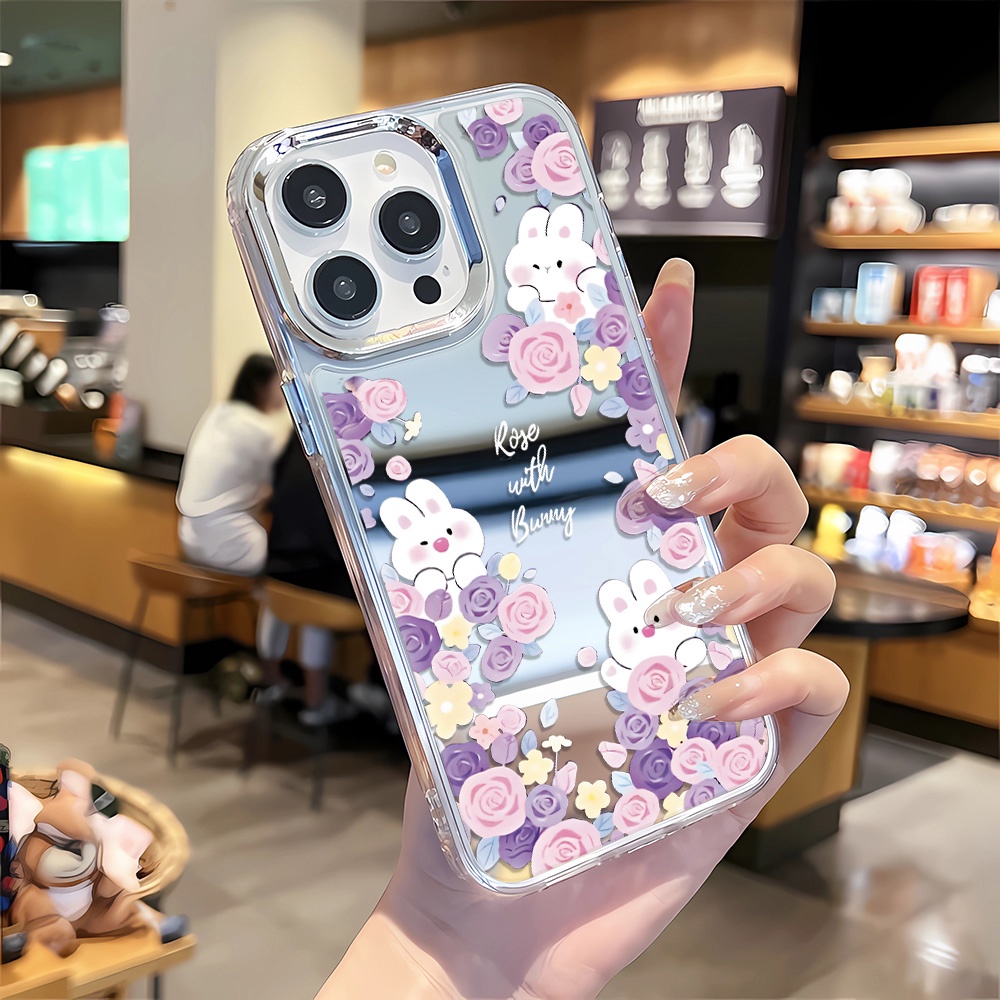 Ốp Điện Thoại Tráng Gương Viền Kim Loại Họa Tiết Thỏ Và Hoa Cho iphone 14 pro max 11 12 13 8 7 Plus X XR XSMax