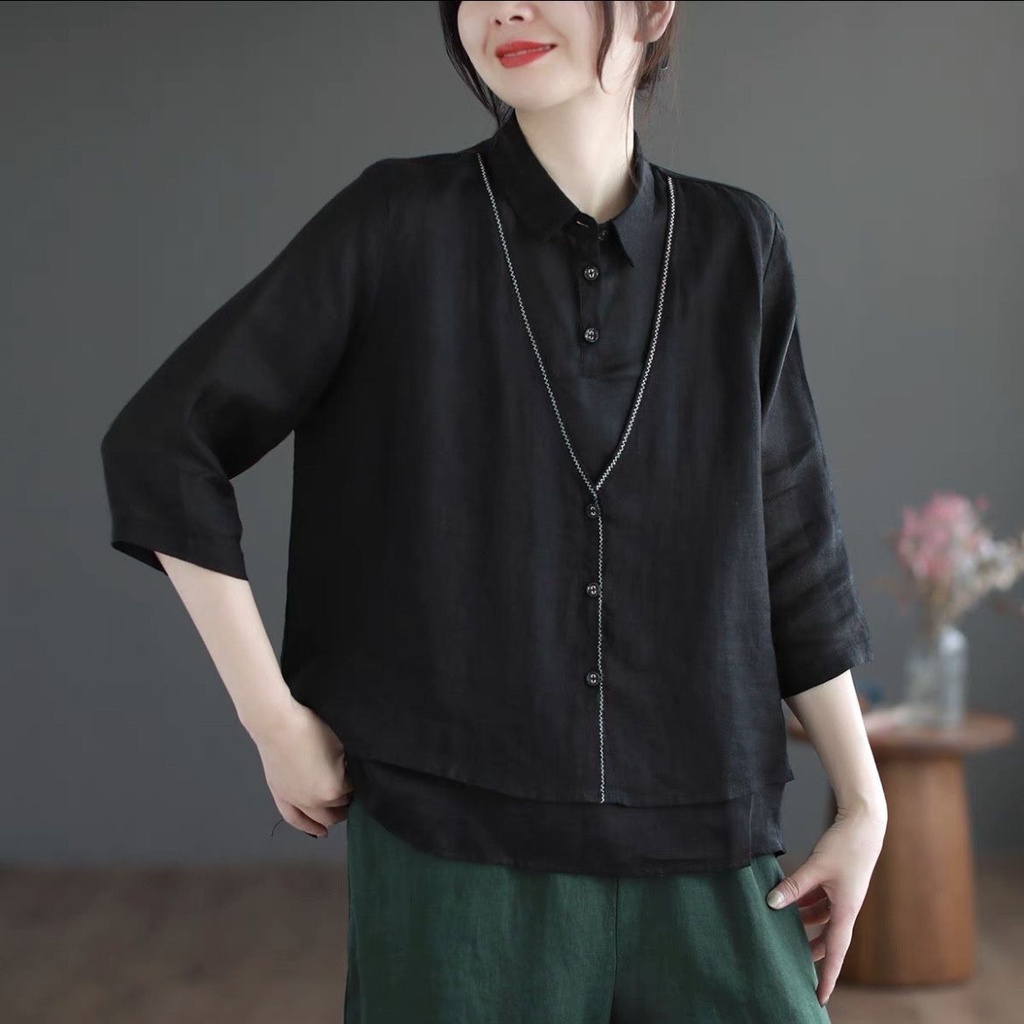 Áo Sơ Mi Tay Lửng Giả Hai Lớp Phong Cách Mới Mùa Hè Cho Nữ