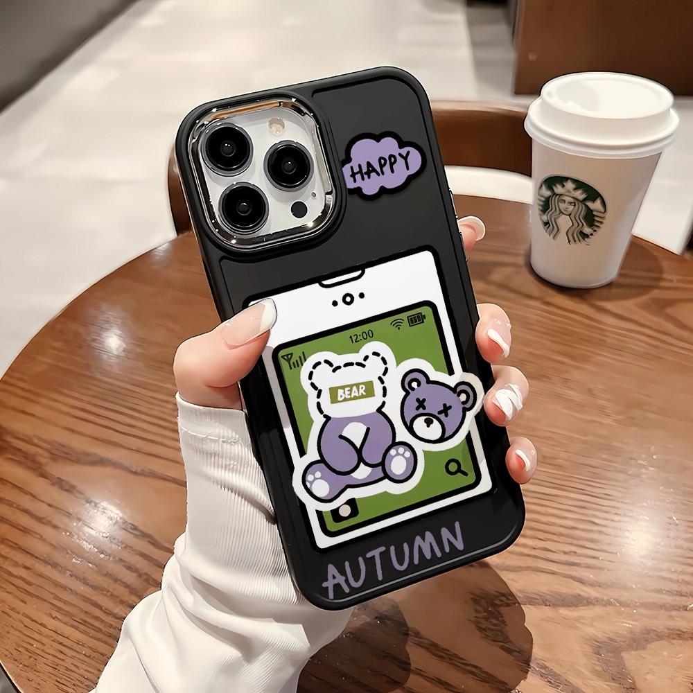 Ốp Điện Thoại Silicone Khung Kim Loại In Hình Gấu Hoạt Hình Đáng Yêu Cho iphone 14ProMax 11 13 12 7Plus 8 X XS Max