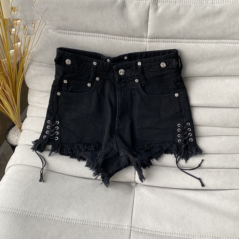 [Hàng Có Sẵn Giao Hàng Nhanh] ins Quần Short Denim Hoa Chéo Dây Lưng Cao Thời Trang Đường Phố Mùa Hè Nóng Bỏng Cho Nữ T