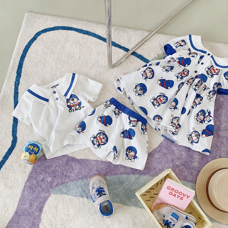 ✨Hàng Có Sẵn!✨ Bộ Áo Thun Ngắn Tay In Hoạt Hình Mèo + Quần Short Thời Trang Mùa Hè Cho Bé