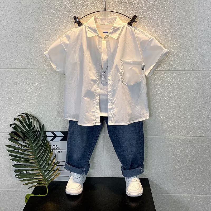 Bộ Áo Sơ Mi Cotton + Quần Jeans Thời Trang Mùa Hè Hàn Quốc Mới Cho Bé Trai 5-13 Tuổi