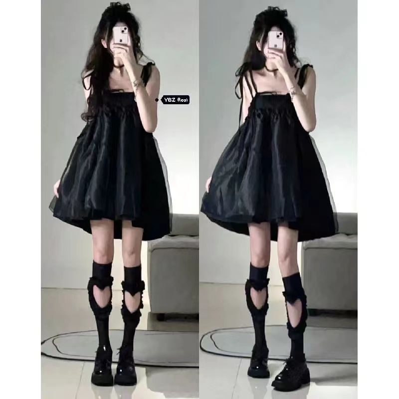 Đầm Ngắn Hai Dây Cổ Vuông Màu Đen Phong Cách Pháp Thời Trang Quyến Rũ Cho Nữ