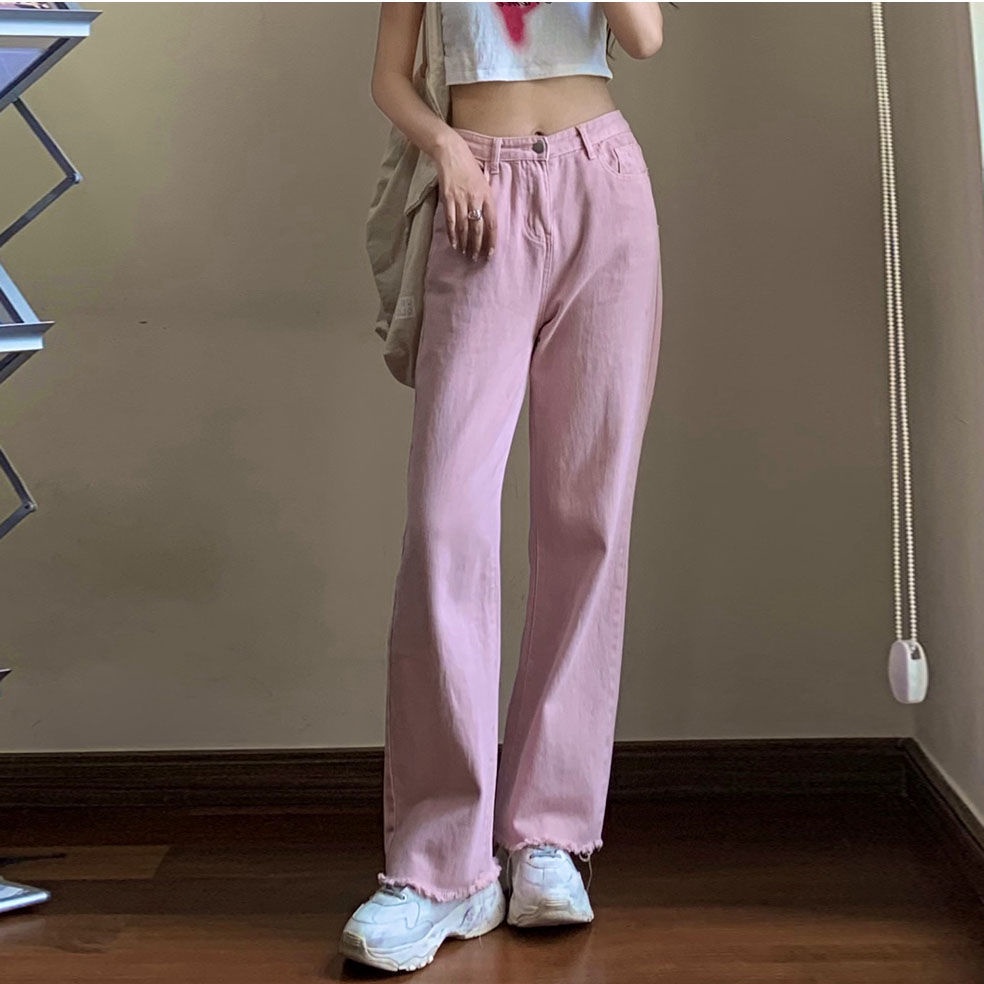[Ưu Đãi Đặc Biệt Mua Và Tai] Quần Jean Nữ Thẳng Lưng Cao Ống Rộng Màu Hồng Nhìn Raw Mặc Sàn