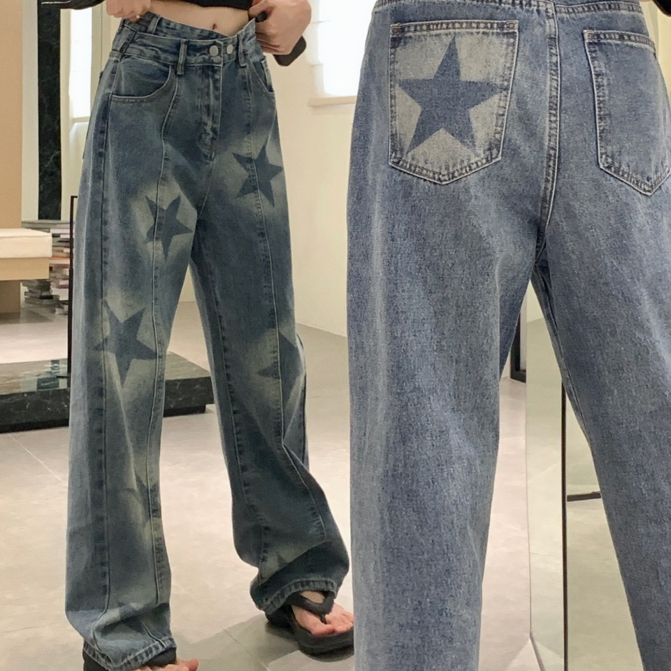 Quần Jean Nữ Ống Rộng Lưng Cao In Hình Ngôi Sao Kiểu Dáng Mới
