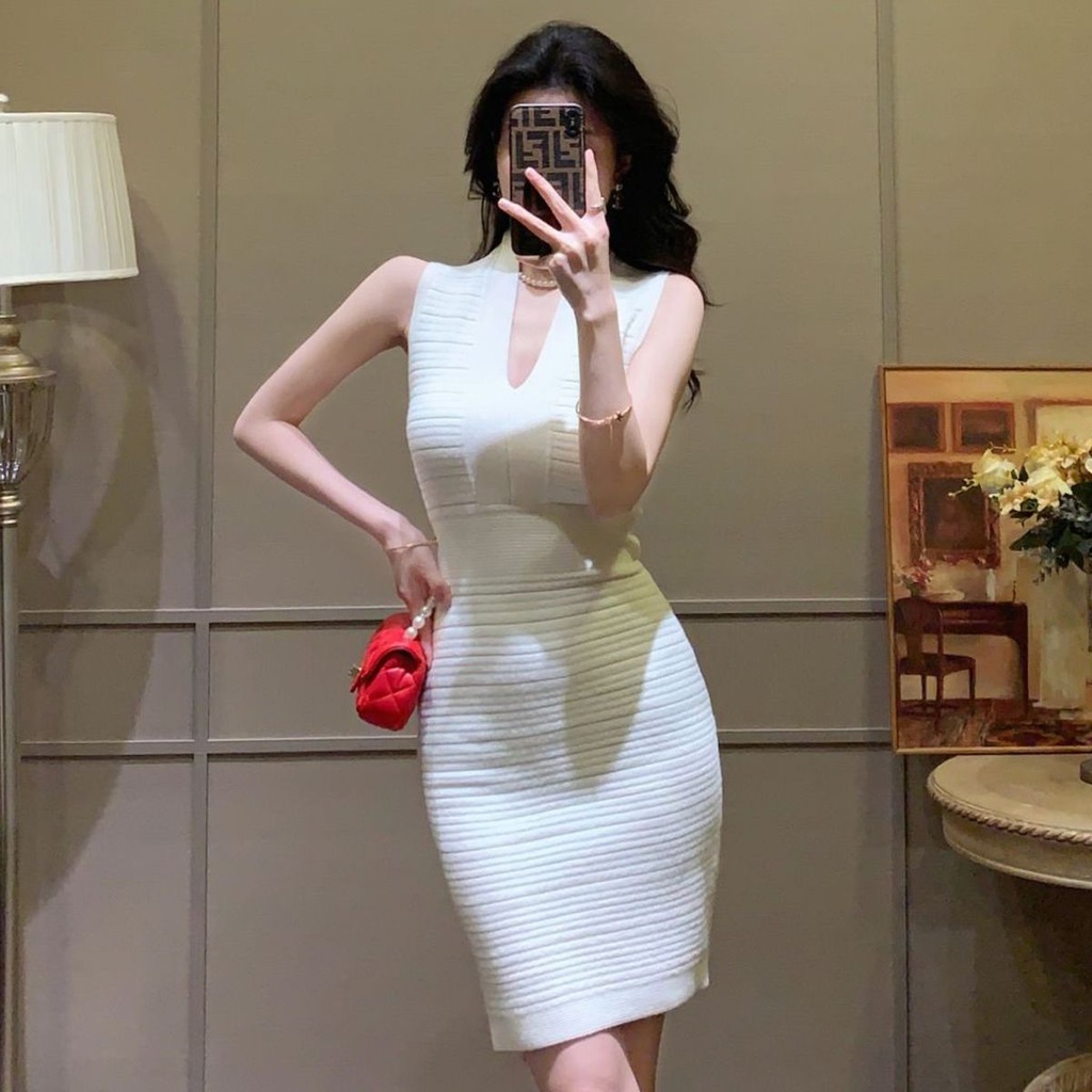 Đầm Dệt Kim Một Mảnh Phong Cách Retro Hong Kong Hợp Thời Trang Mùa Hè Cho Nữ