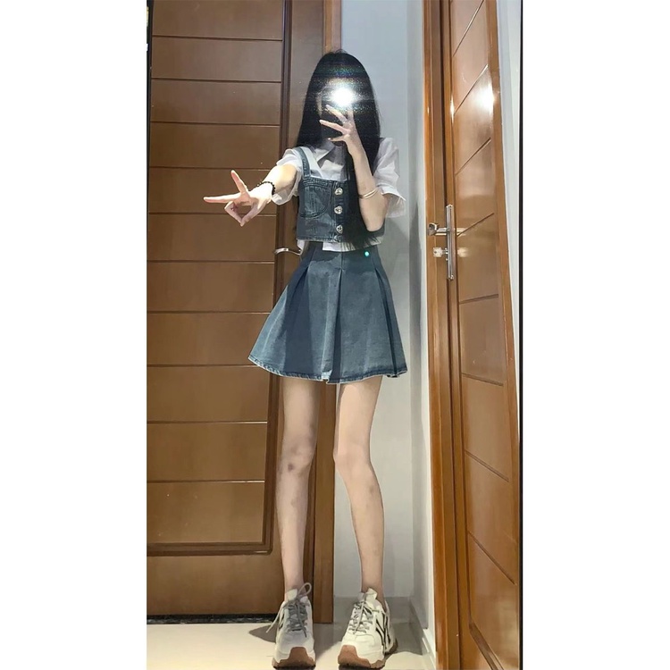 Set Áo Sơ Mi Trắng Tay Phồng + Áo Yếm Denim + Chân Váy Thiết Kế Nhỏ Nhắn Thời Trang Mùa Hè Phong Cách Mới Cho Nữ
