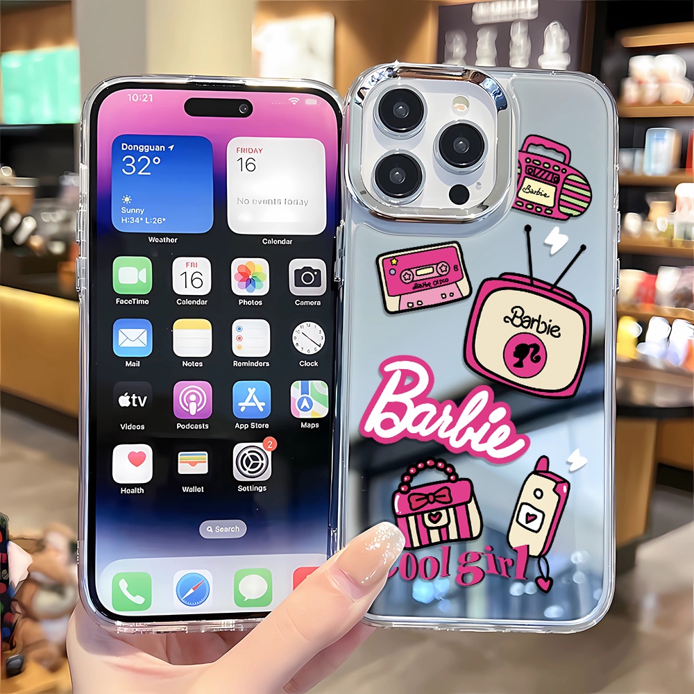 Ốp Điện Thoại Họa Tiết Hoạt Hình Barbie Tráng Gương Viền Kim Loại Cho iphone 14 pro max 11 12 13 8 7 Plus X XR XSMax