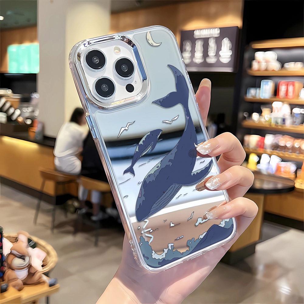 Ốp Điện Thoại Tráng Gương Hình Cá Mập Xanh Cho iphone 14 pro max 11 12 13 8 7 Plus X XR XSMax