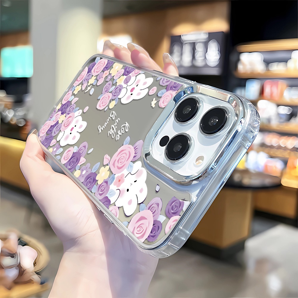 Ốp Điện Thoại Tráng Gương Viền Kim Loại Họa Tiết Thỏ Và Hoa Cho iphone 14 pro max 11 12 13 8 7 Plus X XR XSMax