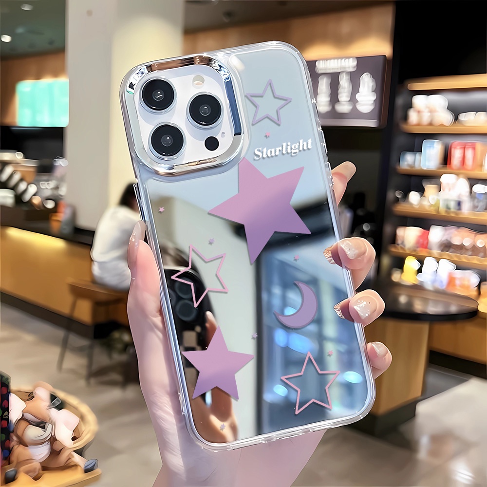 Ốp Điện Thoại Tpu In Hình Mặt Trăng Và Ngôi Sao Với Gương Kim Loại Cho iphone 14 pro max 11 12 13 8 7 Plus X XR XSMax