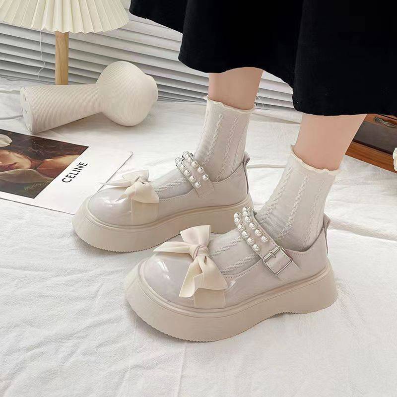 Giày Da Đế Dày Đính Nơ Phong Cách Lolita Mùa Hè Cho Nữ