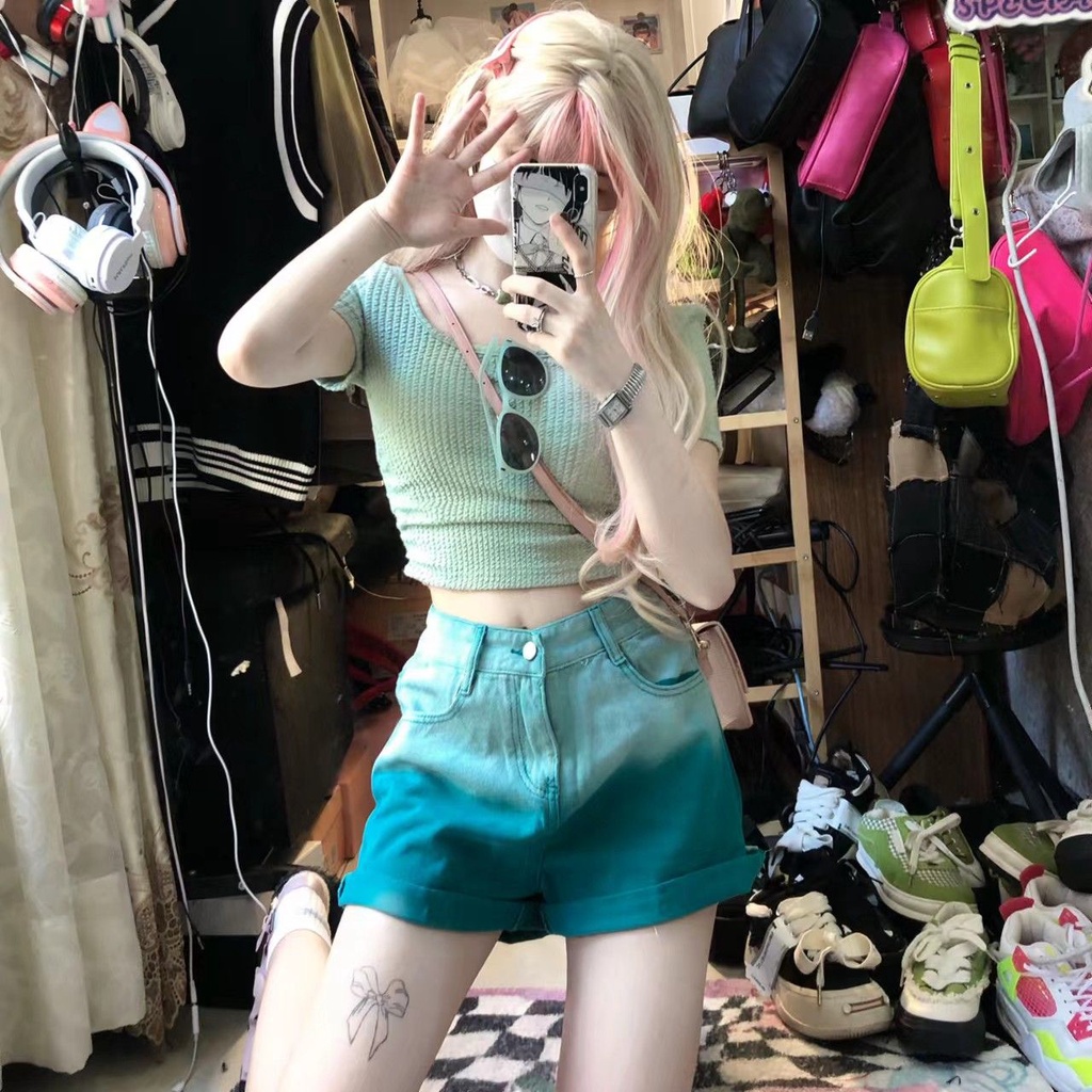 [Hàng Có Sẵn Giao Hàng Nhanh] Quần Short Denim Lưng Cao Dáng Rộng Màu Hồng Gradient Phong Cách Đường Phố Cho Nữ