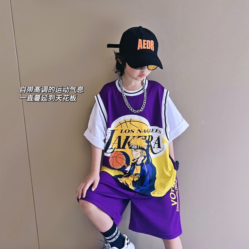 Bộ Đồ Thể Thao Giả Hai Mảnh Dáng Rộng Tay Ngắn Phong Cách Đường Phố Mỹ Cổ Điển Thời Trang Mùa Hè Dành Cho Bé Trai