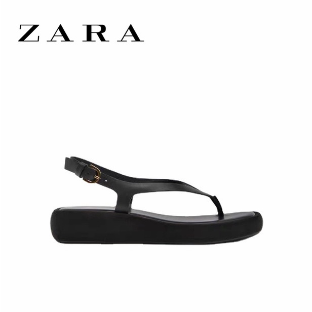 Zara trang chủ mùa hè phong cách mới giày nữ màu đen nền tảng chống thấm nước dày-chốt da bò dép phẳng hở ngón dép đi trong nhà thường giày nữ