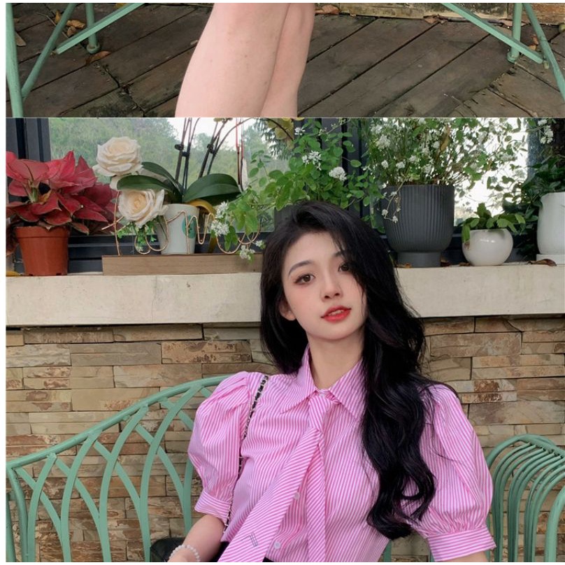 Áo Sơ Mi Tay Ngắn Phồng Họa Tiết Kẻ Sọc Màu Hồng Ngọt Ngào Thời Trang Mùa Hè Cho Nữ