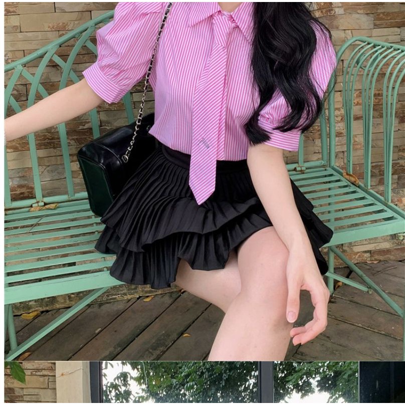 Áo Sơ Mi Tay Ngắn Phồng Họa Tiết Kẻ Sọc Màu Hồng Ngọt Ngào Thời Trang Mùa Hè Cho Nữ